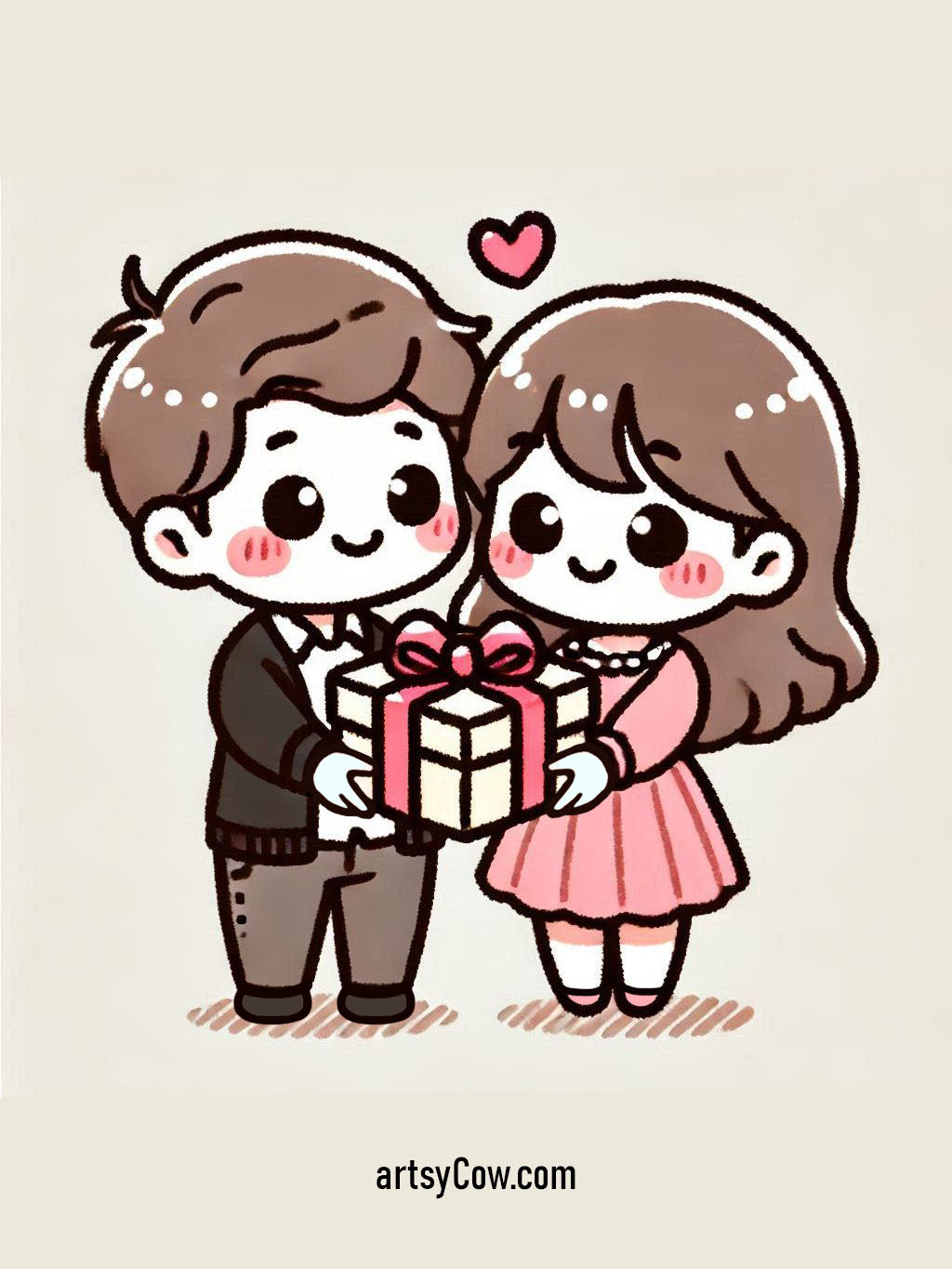 Valentines drawings with couple lovingly holding a heart-shaped gift box together, smiling at one another, a small heart floating above them.